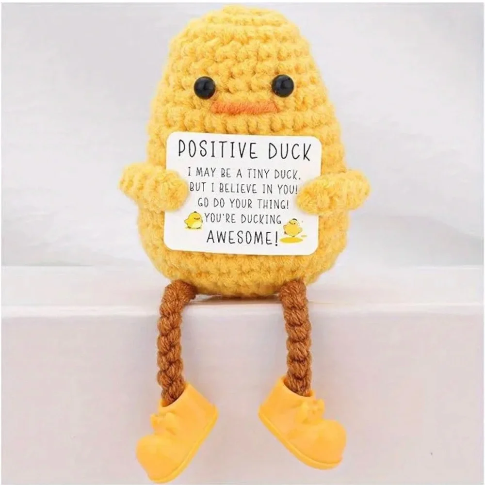 Mini Yellow Crochet Duck Plush with Inspirational Sign and Dangle Feet